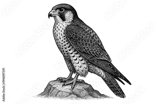 Monochrome engraved illustration of a peregrine falcon perched on a rocky outcrop, detailed feathers, sharp beak and talons, realistic avian anatomy study in black ink