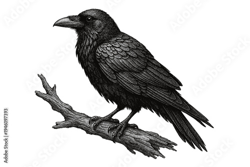 Highly detailed black-and-white engraving-style illustration of a perched raven on a textured branch, showcasing intricate feather patterns, sharp beak, talons, and wood grain
