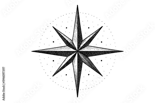 Black and white eight-point compass rose illustration featuring stippled shading, bold directional points and dotted circular background—a nautical navigation star design for maps