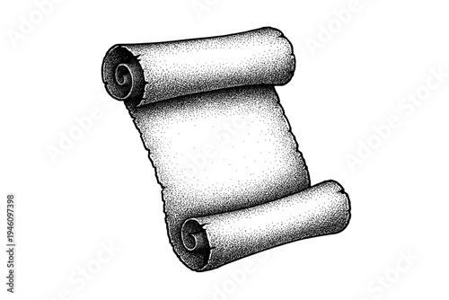 Hand-drawn stipple illustration of an antique rolled parchment scroll with curled edges and blank aged paper, pen-and-ink vintage engraving style on white background