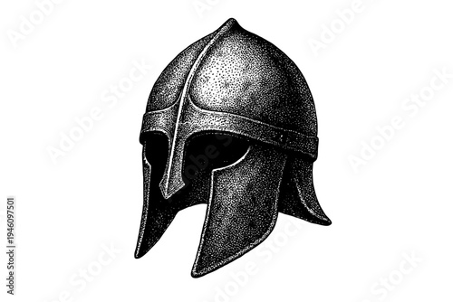 Stippled illustration of an ancient Corinthian Greek helmet in black and white, showing textured metal surface, eye slits, nasal guard and classical curved contours