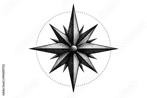 Stippled black and white compass rose illustration depicting a detailed eight-pointed nautical star with textured dotwork shading, radial symmetry, and a dotted circular guide
