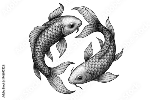 Detailed monochrome engraving of two koi fish in circular yin-yang composition, featuring textured scales, flowing fins, and ornamental tattoo-ready aquatic design