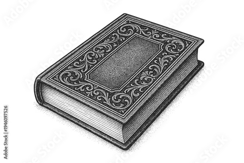 Ornate embossed vintage hardcover book with intricate baroque filigree border and blank central cartouche, visible fore-edge pages, rendered in detailed stipple engraving style