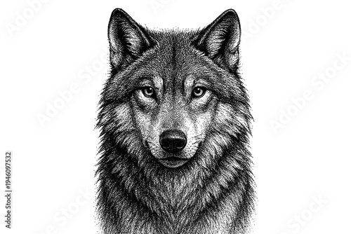 Highly detailed monochrome engraving-style portrait of a wolf facing forward - realistic hand-drawn ink illustration emphasizing textured fur, piercing eyes, and natural anatomy