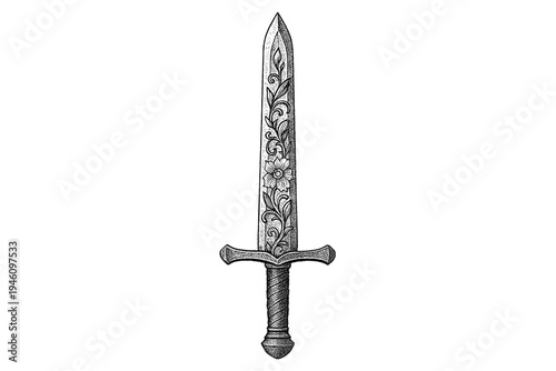 Intricately engraved short sword with floral motifs on the blade, wrapped leather hilt, crossguard and ornate pommel, black ink illustration on white background