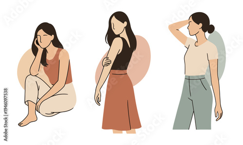 Minimalist flat illustration of three women in casual outfits and varied poses: seated pensive woman, turned standing figure in a skirt, and a relaxed woman with arm behind head