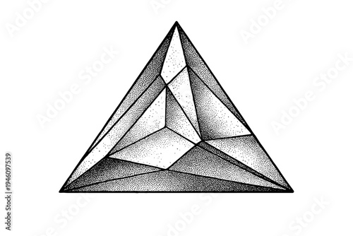 Hand-drawn stippled triangular gemstone illustration featuring geometric facets and intricate dot shading in monochrome ink pyramid-shaped crystal artwork emphasizing texture, form