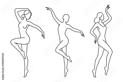 Three elegant female dancers in minimalist continuous line illustration, each striking graceful ballet and contemporary poses as contour silhouettes emphasizing movement and poise