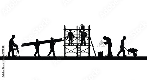 Set of 7 construction worker silhouettes vector