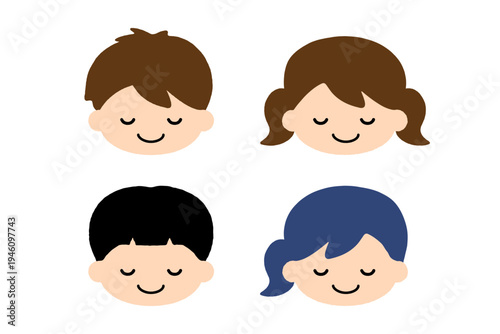 目を閉じて笑うかわいい子どもの顔アイコンセット 男の子 女の子 シンプルフラットのキッズアバター人物イラスト