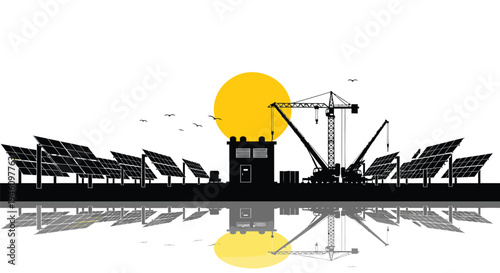 Vector illustration of solar panels and construction site at sunset