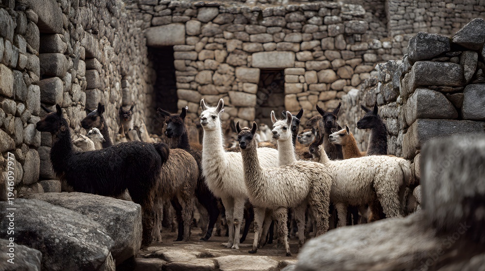 Fototapeta premium A diverse herd of llamas standing amidst ancient stone structures, showcasing a blend of natural life and historical architecture.