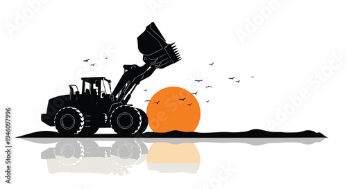 Vector illustration of loader truck with orange, construction vehicle silhouette