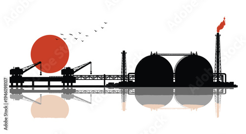Vector industrial plant silhouette with smokestack and oil tanks