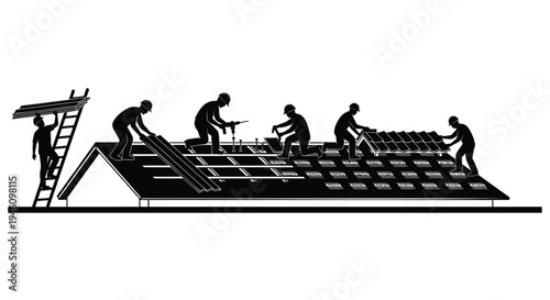 Set of 6 construction workers installing roof tiles vector