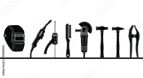 Set of 8 black silhouette tools vector