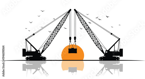 Vector illustration of construction cranes lifting orange object