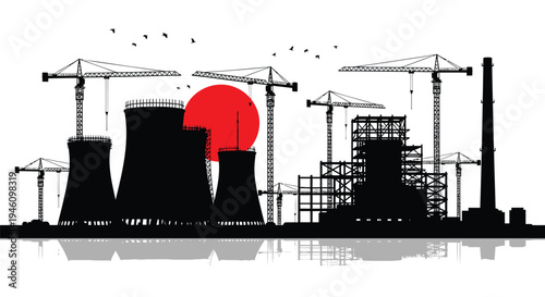 Vector industrial landscape with power plant and cranes at sunset