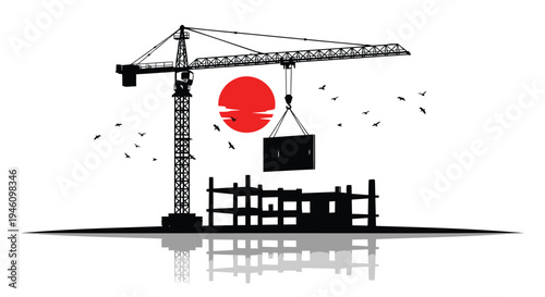 Vector construction crane icon with fence and sun