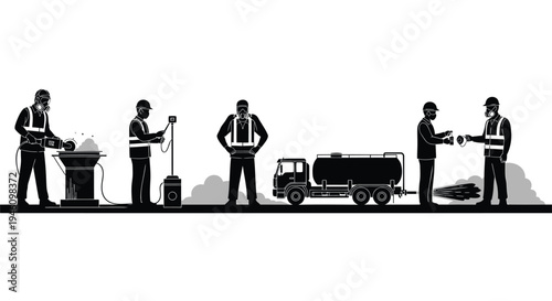Set of 5 construction workers with waste management truck vector