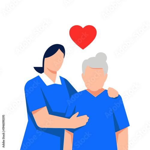 Nurse Caring for Elderly Patient with Heart Symbol