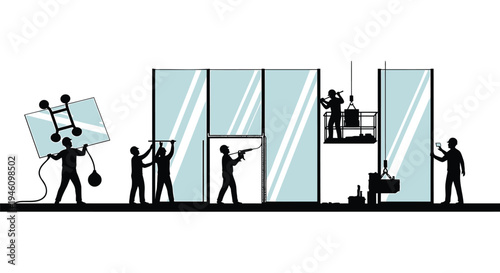 Set of office glass wall installation vector illustration