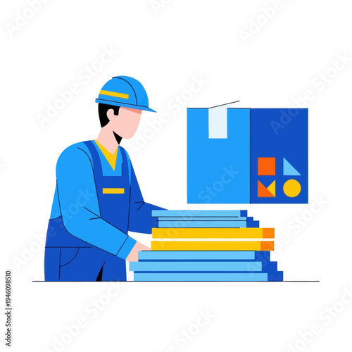 Logistics worker in uniform and hard hat stacking boxes, delivery service concept