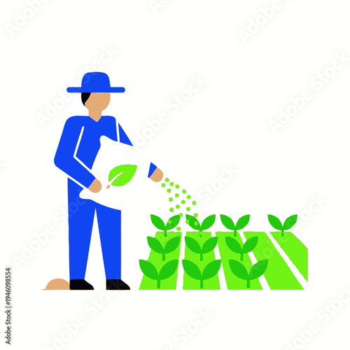 Farmer fertilizing young plants in a field