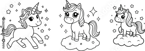 Three whimsical unicorns in a magical setting with clouds and stars