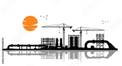 Industrial site vector silhouette with construction cranes and pipeline
