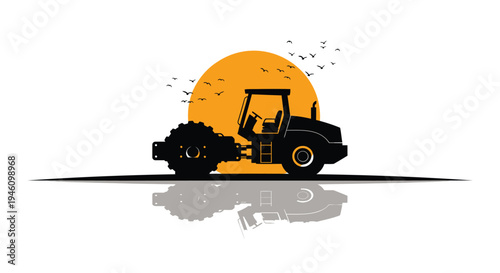 Vector road roller icon with sun