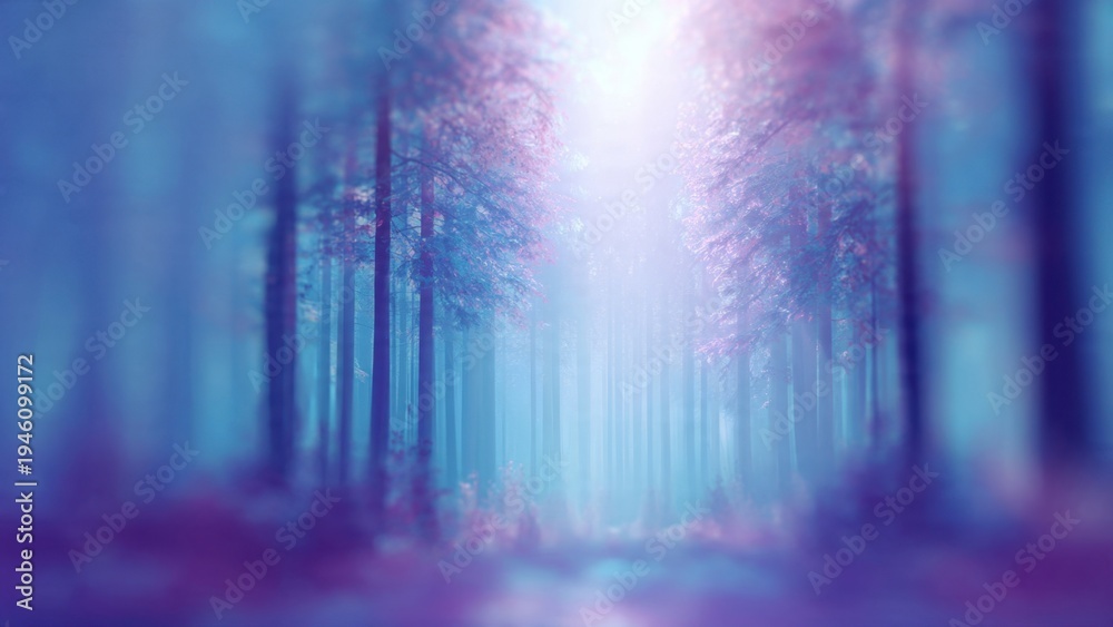 Fototapeta premium Enchanted Blue Forest with Glowing Light and Mystical Atmosphere