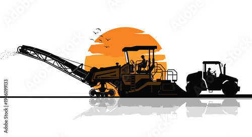 Vector illustration of industrial construction machines with orange sunset background