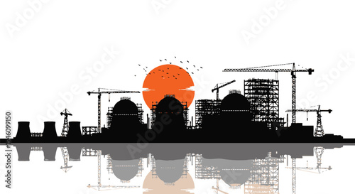 Vector cityscape silhouette with construction site at sunset