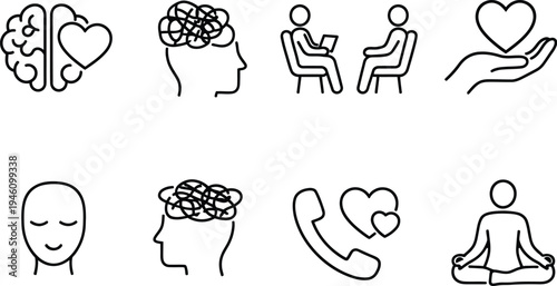 Set of 8 Mental Health and Wellness Line Icons Vector for Therapy, Mindfulness, and Emotional Support