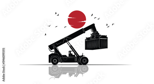 Vector illustration of cherry picker forklift with bucket and sun