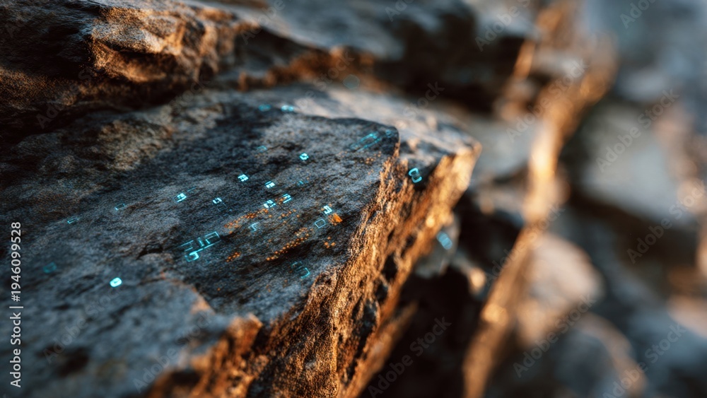 Fototapeta premium Glowing Digital Data Symbols Embedded in Ancient Rock Texture