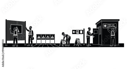 Set of 6 black and white vector airport terminal icons