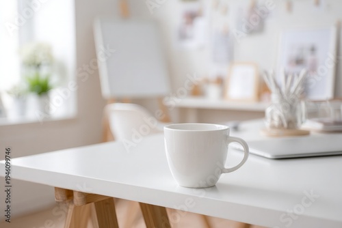 Wallpaper Mural White mug on a clean white table with blurred office background Torontodigital.ca