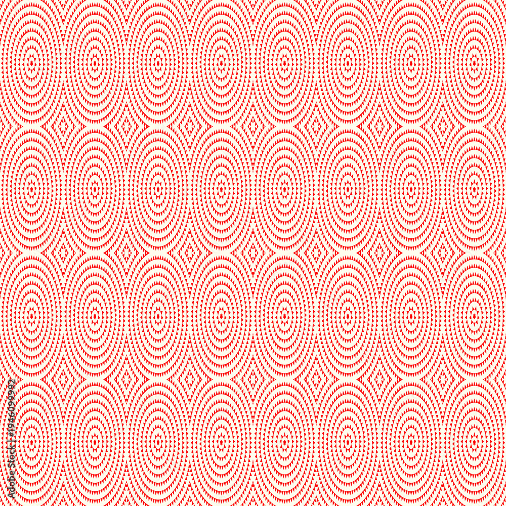 Fototapeta premium Seamless pattern. Circles ornament. Rings background. Triangles wallpaper. Mosaics motif. Geometrical backdrop. Circle shapes digital paper. Ring figures web designing. Ethnic textile print. Vector