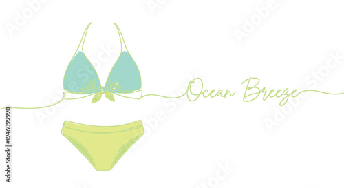 Vector illustration of green bikini with Ocean Breeze text