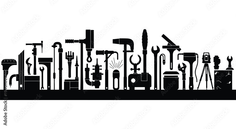 Fototapeta premium Set of 25 black industrial tools vector icons