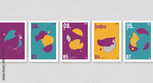 Vibrant abstract index cards with colorful shapes and numbers on a light gray background