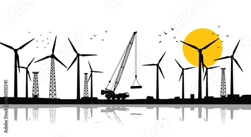 Vector illustration of renewable energy infrastructure with wind turbines and construction equipment