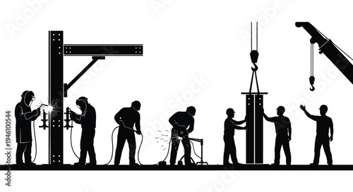 Set of 7 construction workers vector silhouettes
