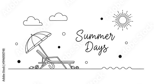 Vector illustration of beach chair with umbrella and sun