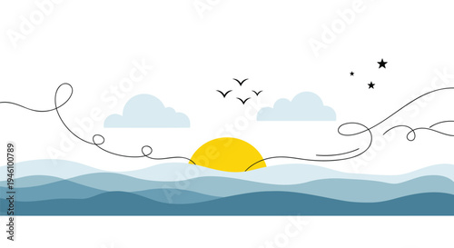 Vector sunrise landscape with clouds and birds