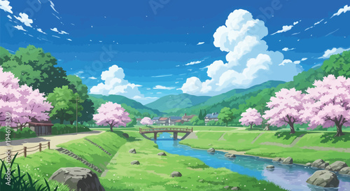 Anime Style Spring Countryside Landscape with Cherry Blossom Trees and River Bridge