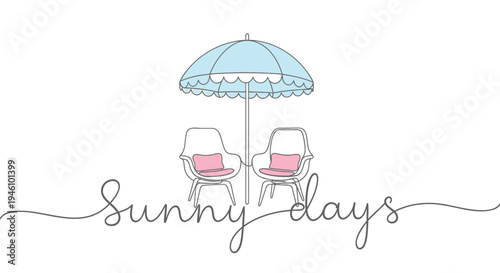 Vector illustration of 2 beach chairs under blue umbrella with 'Sunny days' text